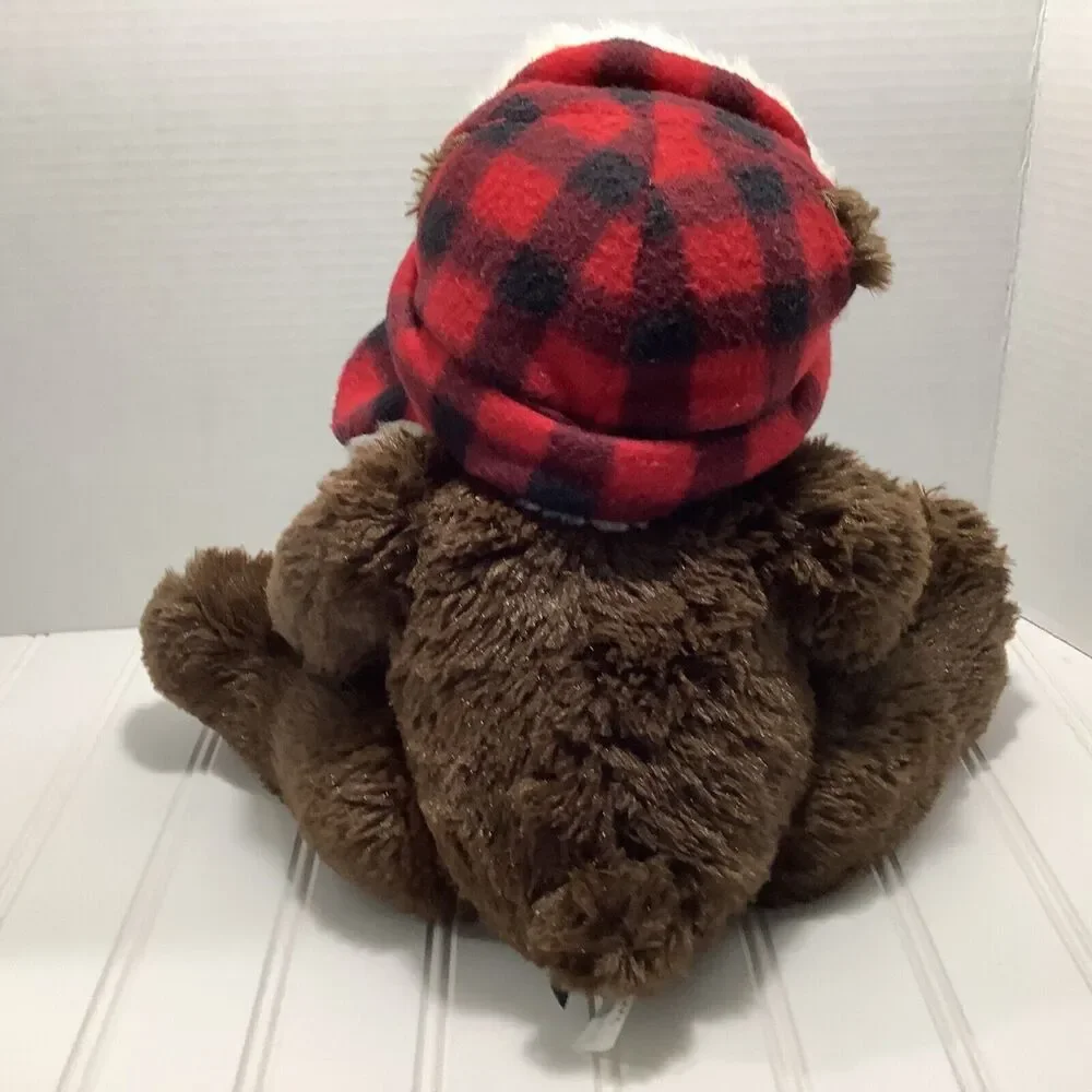 J Bear Jo-Ann Fabric 12” Plush Stuffed Brown bear red Plaid Hat sitting 2017